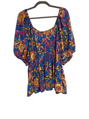 Terra & Sky Women's 4X Blue Floral Top Boho Lightweight Rayon Peasant Casual